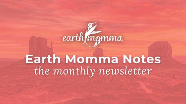 The words "Earth Momma Notes the monthly newsletter" in white text laid over an image of a mountain-scape in the color coral.